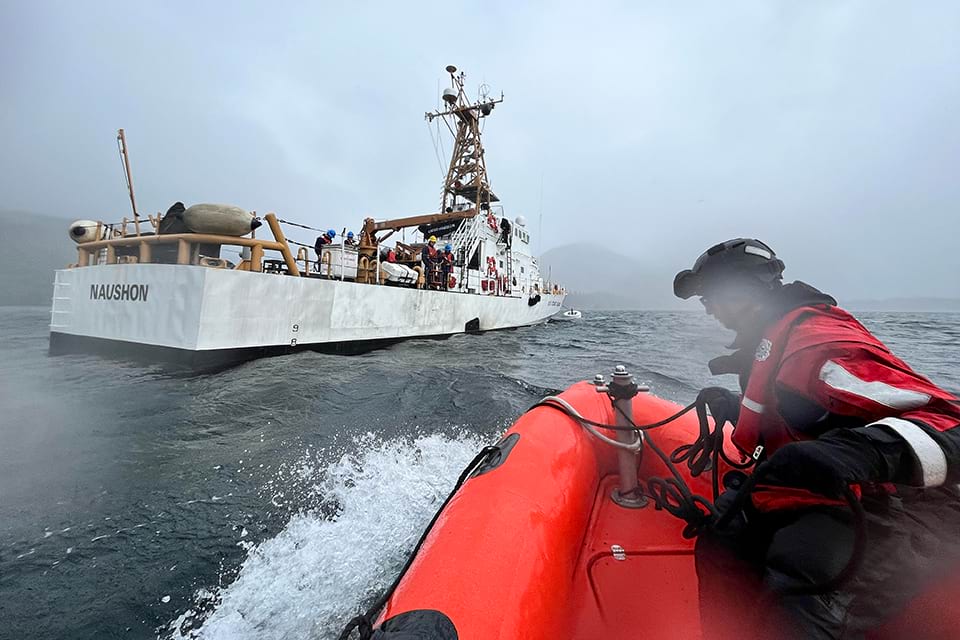 National Geodetic Survey staff shuttling back to the U.S. Coast Guard cutter Naushon after obtaining Global Navigation Satellite System measurements on remote islands in the Cook Inlet outside of Homer, Alaska.