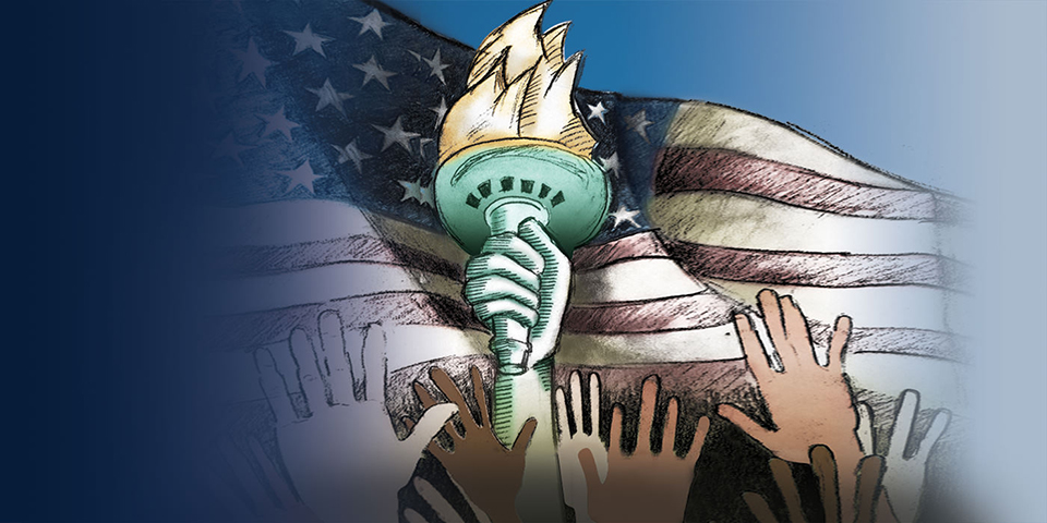 graphic showing raised hands and American flag