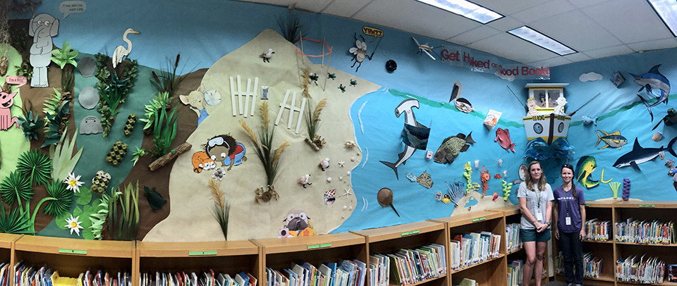 The walls of our media center were transformed and used to showcase the importance of our waterways, marine animals, and marine ecosystems. 
