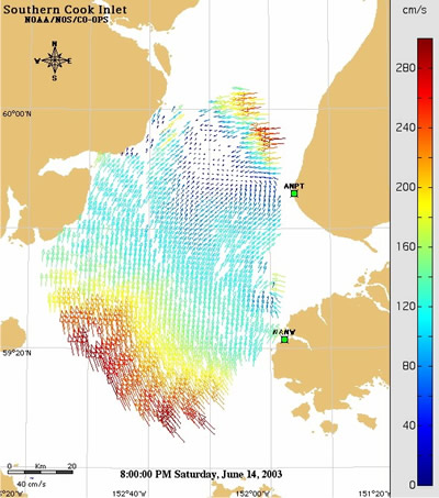 Plot of ocean surface currents made with shore-based high frequence radar.