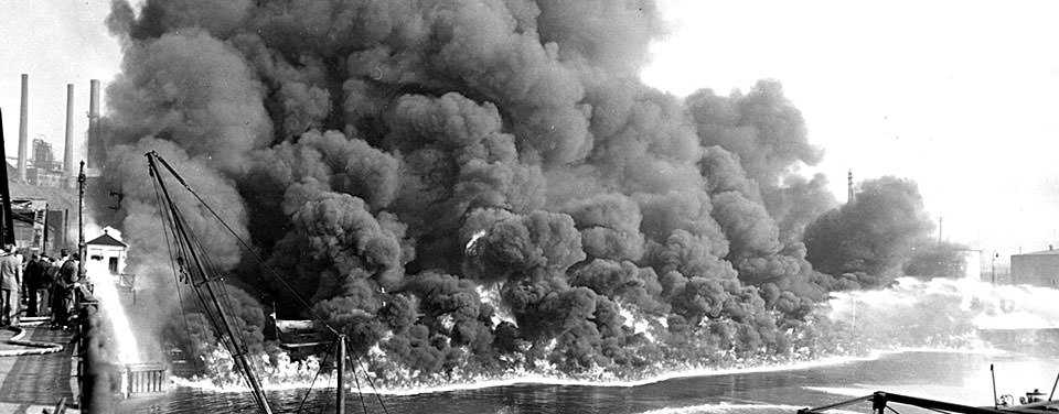 Cuyahoga River Fire Nov. 3, 1952. Courtesy of Cleveland Press Collection at Cleveland State University Library