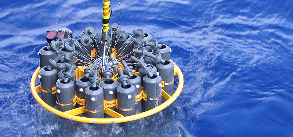 A CTD (conductivity, temperature, and depth) device. The primary function of this tool is to detect how the conductivity and temperature of the water column changes relative to depth. Conductivity is a measure of how well a solution conducts electricity. Conductivity is directly related to salinity, which is the concentration of salt and other inorganic compounds in seawater. Salinity is one of the most basic measurements used by ocean scientists. When combined with temperature data, salinity measurements can be used to determine seawater density which is a primary driving force for major ocean currents.