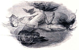 19th century artist rendering of mermaids in the ocean