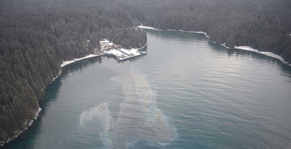 On Feb. 26, 2018, oil was released into the Shuyak Strait in Alaska after an abandoned building collapsed. (Image credit: U.S. Coast Guard).