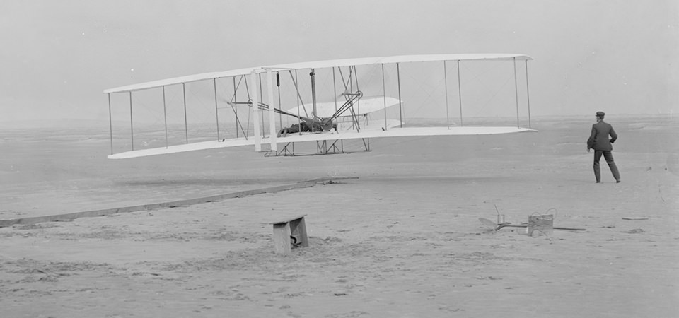 This photograph shows the first powered, controlled, sustained flight.
