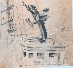This  cartoon from the late 19 century depicts an officer on the deck of the Coast & Geodetic  Steamer Blake (from Scrapbook in Hydrographic Inspector's Office, 1881)