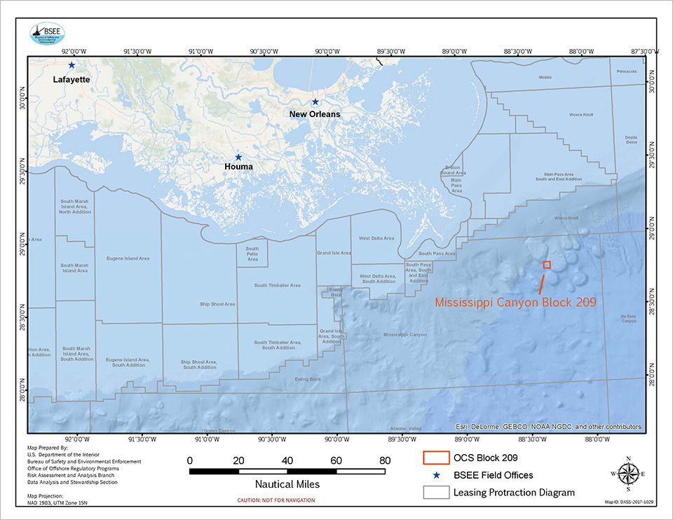 Location of the MC209 pipeline spill (NOAA) 