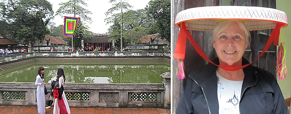 Traditional ways are evident in Vietnam at the Temple of Literature in Hanoi and the traditional dress (ao dai) in the foreground.  The courting hat was used by women as a multi-purpose tool to carry intems, assist in the rice harvest and to hide behind for a quick kiss with a beau.