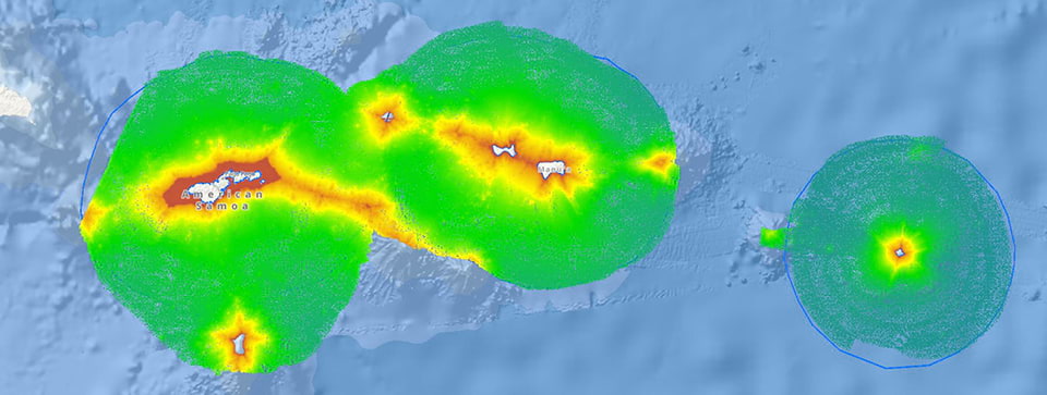 This graphic shows bathymetric information collected around American Samoa, Ofu and Olosega Islands, Taʻū Island, and Rose Island during the 2023 survey season. Land is shown in white; the shallowest water is indicated in red. As the water gets deeper, the colors progress through orange, yellow, green, and blue. (Credit: NOAA)