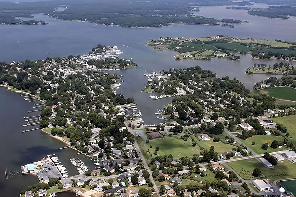 Aerial view of the coast in Oxford, MD