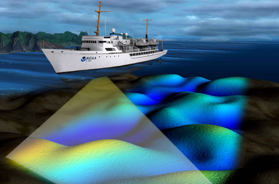 NOAA ship conducting multibeam sonar operations