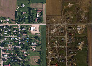 Images of aerial shots of a disaster zone before and after