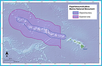 Map showing the expanded area of Papahānaumokuākea Marine National Monument.