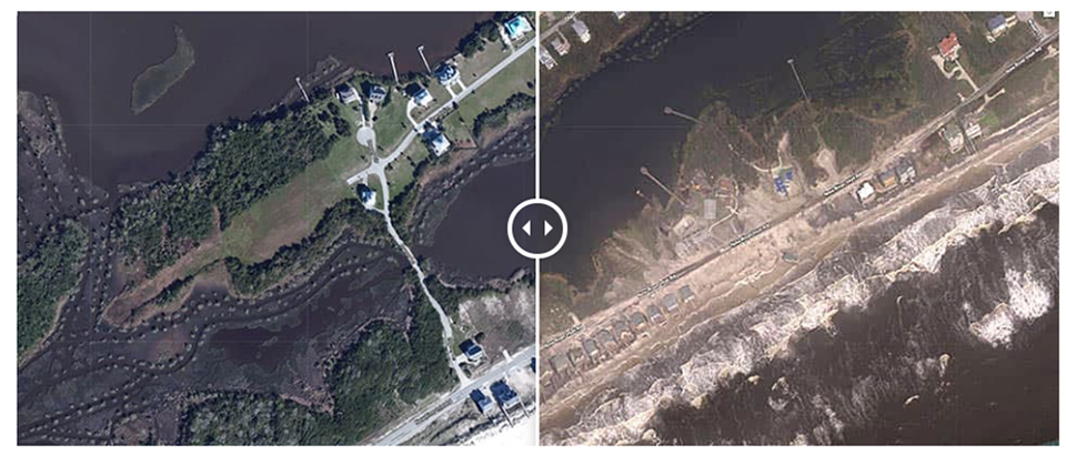Two pictures showing before/after aerial imagery of Hurricane Florence)
