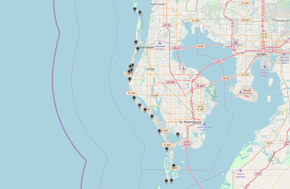 Map showing beaches included in the Pinellas County, Florida, experimental red tide respiratory forecast