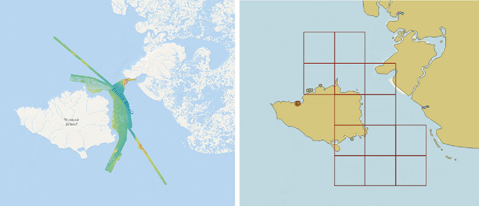  Left - Survey work in 2016 provided additional detail that was applied to the new ENCs. Right - The outlines of the thirteen new large scale (1:80,000) ENCs of Etolin Strait available from NOAA’s Chart Locator. 