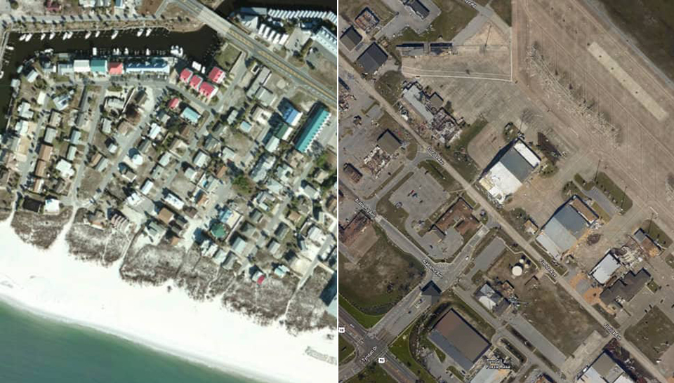  NOAA aerial imagery, before and after Hurricane Michael: Mexico Beach, Florida: October, 2018.