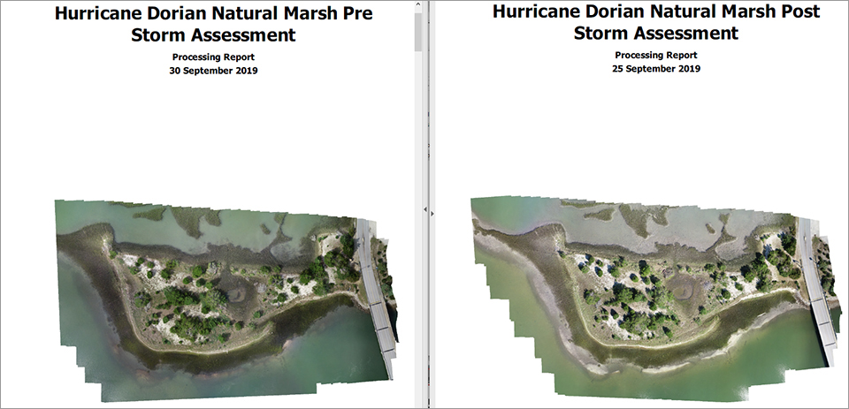 Before and after imagery of Hurricane Dorian taken by an unmanned aerial system in Pivers Island, North Carolina.