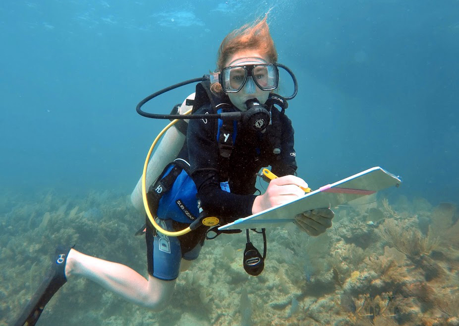 Student diver underwater with clipboard.