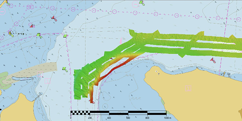 Multi-colored map showing the state of the seafloor of Pensacola Bay Channel, Florida, on September 19, 2020.