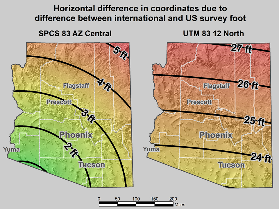 Two multi-colored maps showing the differences in feet when international feet and survey feet are interchanged for the State Plane Coordinates System in the 83 Arizona Central Zone.