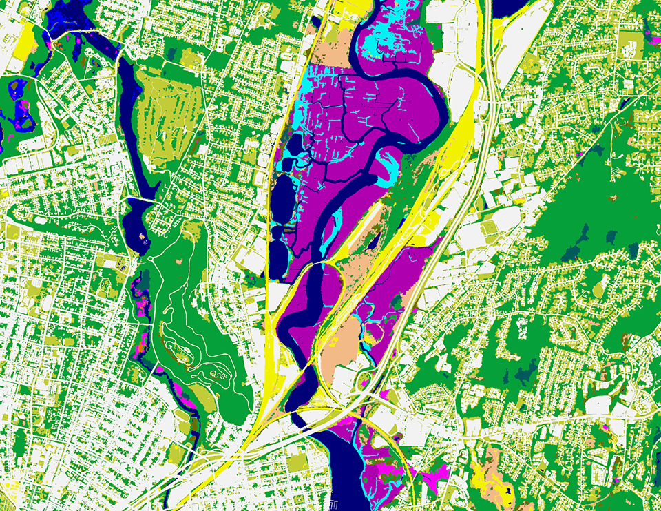 Multi-colored high resolution map showing an area in Connecticut where impervious surfaces are white and wetlands are purple.