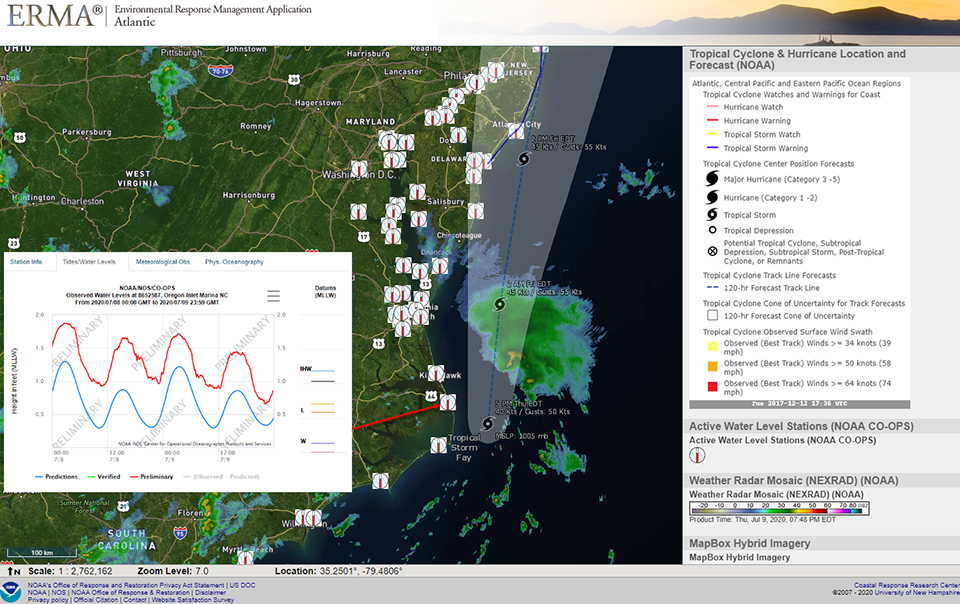 Multi-colored screenshot of ERMA showing Tropical Storm Fay data off the coast of North Carolina.