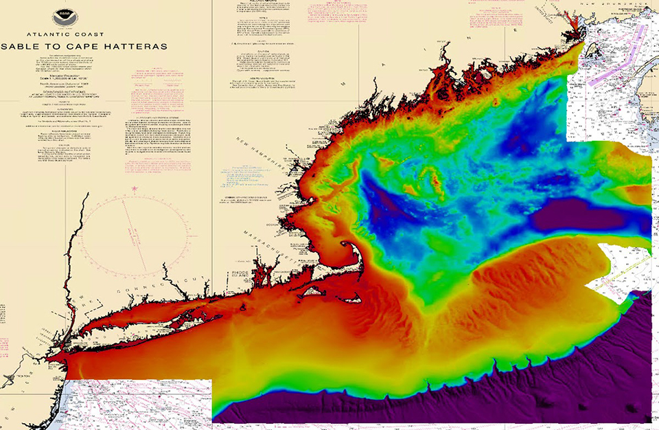 Multicolored screenshot of the national bathymetry for New England.