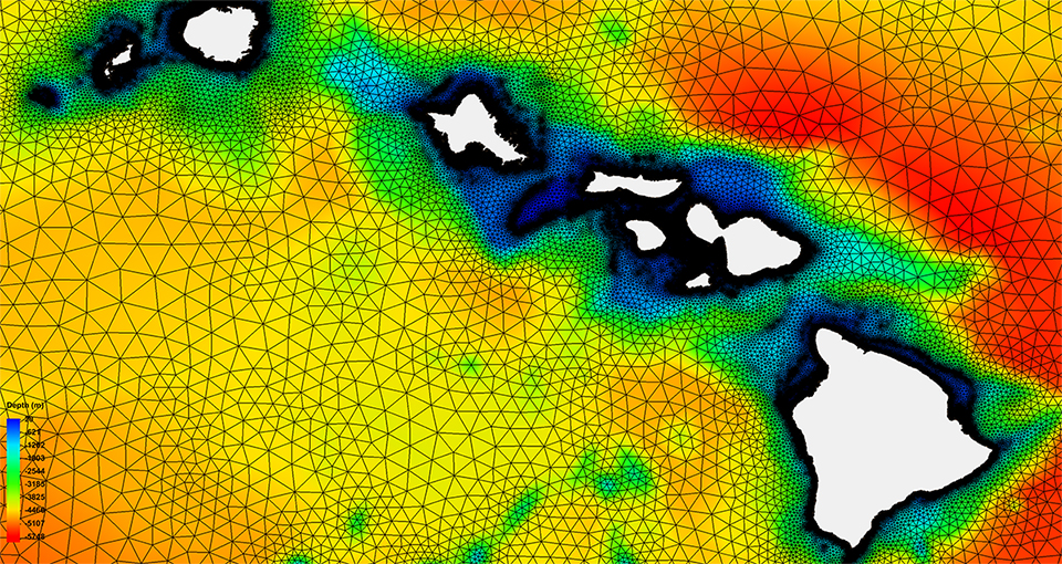 Multi-colored screenshot of the Hawaiian islands using the Extratropical Surge and Tide Operational Forecast System.