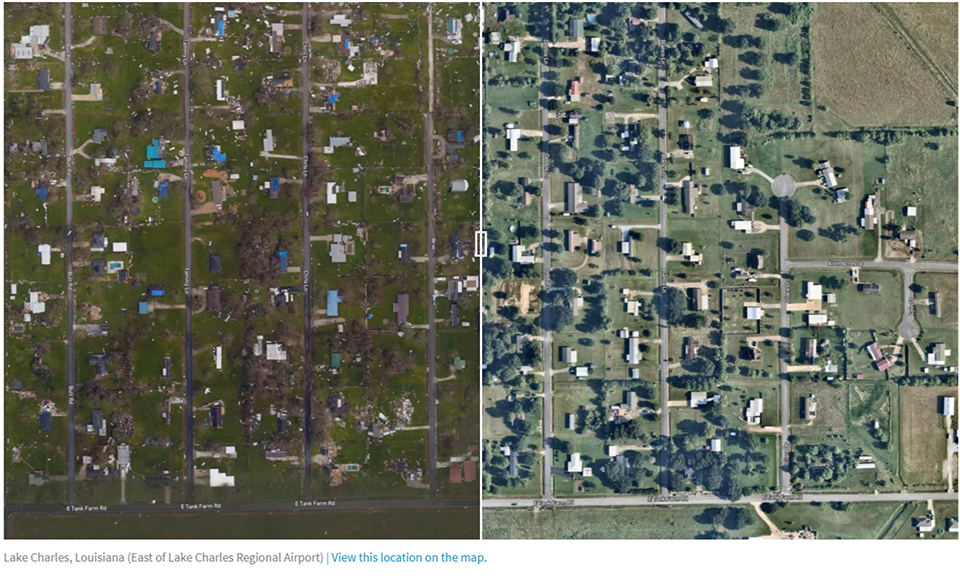 Before (right) and after (left) NGS aerial photographs taken as a result of Hurricane Laura in Lake Charles, Louisiana.