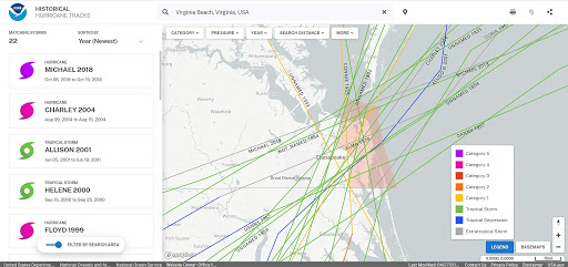 Screenshot of the updated Historical Hurricane Tracks tool showing a map of Virginia Beach, Virginia, and the area’s storm history.