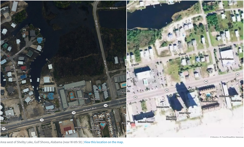 Before (right) and after (left) NGS aerial photographs of Shelby Lake in Gulf Shores, Alabama, taken after Hurricane Sally.