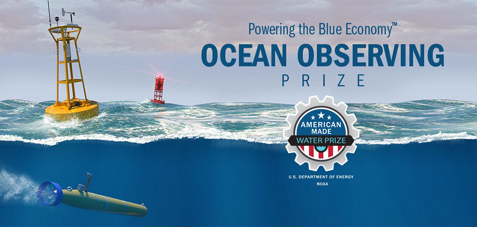 Graphic showing water and water measurement instruments with text that says “Powering the Blue Economy™ Ocean Observing Prize.