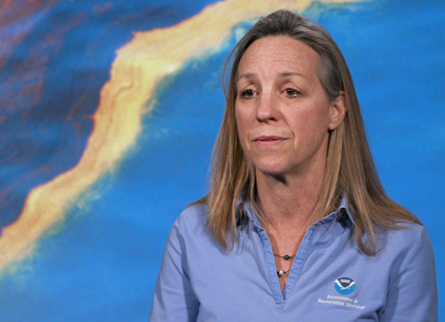 OR&R Chief Scientist Lisa DiPinto with a picture of oil on water in the background.