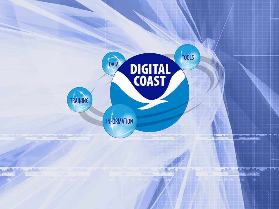 Graphic showing the NOAA logo with “Digital Coast’ written on it, and the words “data, training, information, and tools” circling the logo.