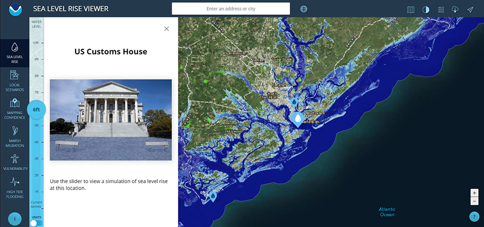 Screenshot of NOAA’s Sea Level Rise Viewer showing a building and map.