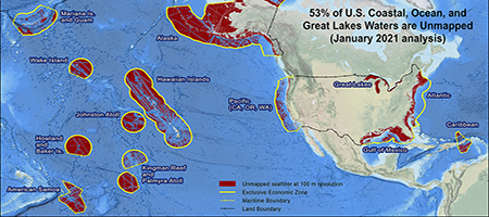 A map showing areas of U.S. waters that have not yet been surveyed