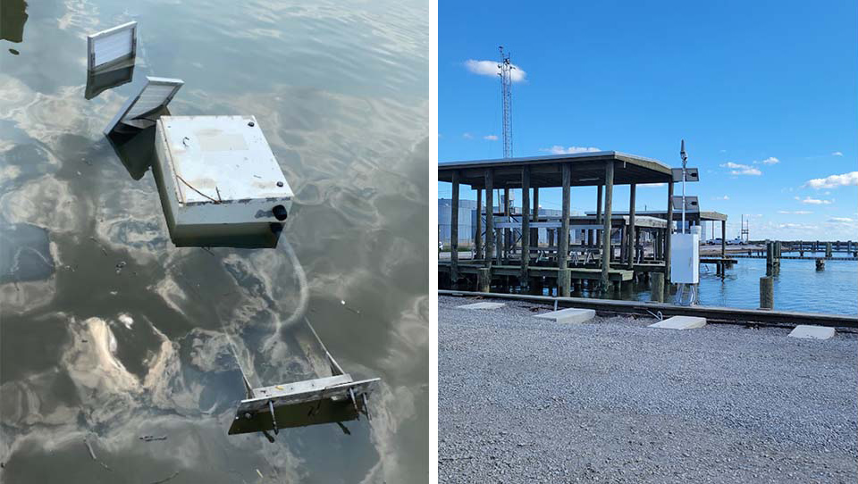 The image on the left shows a hurricane-damaged water level station. The image to the right shows the rebuilt temporary station.
