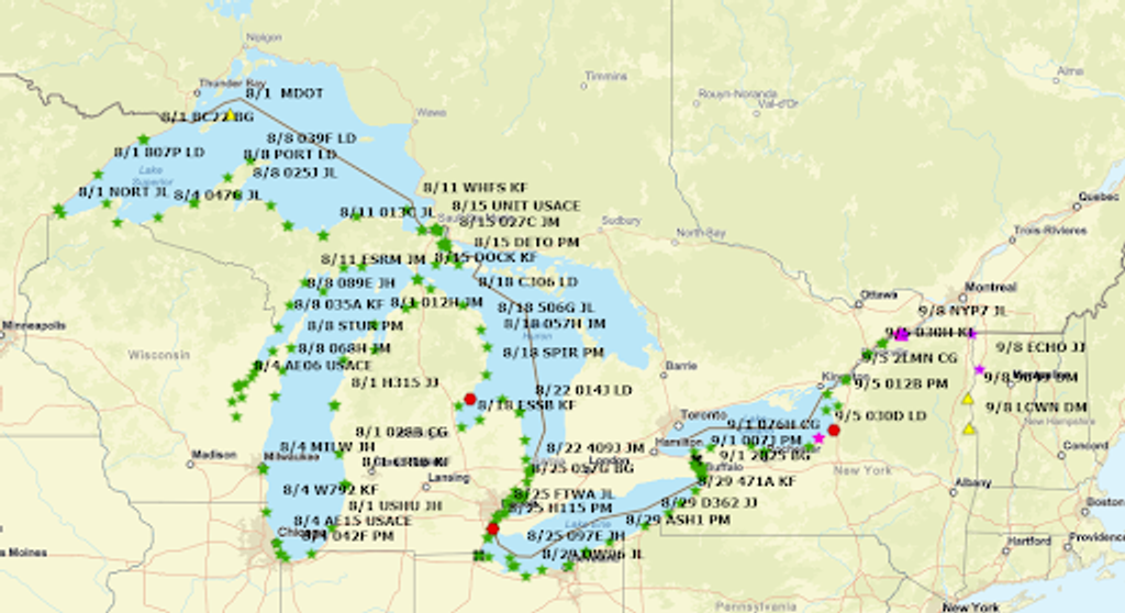 A map showing survey locations in the Great Lakes.