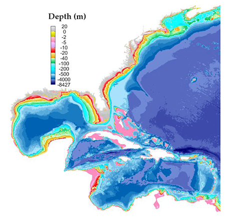 A graphic from the forecast system shows the East Coast of the U.S. with water depths represented by different colors. 
