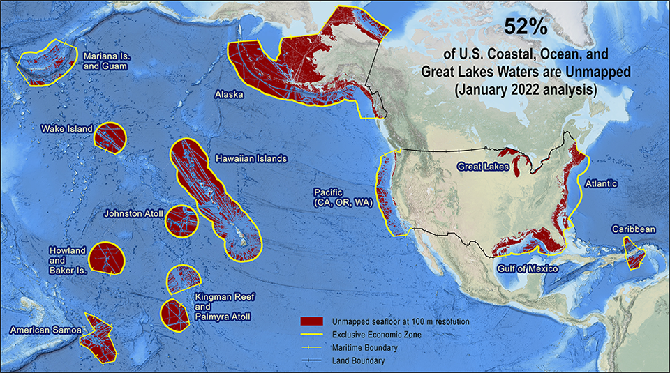 Graphic showing unmapped areas within U.S. ocean, coastal, and Great Lakes waters.