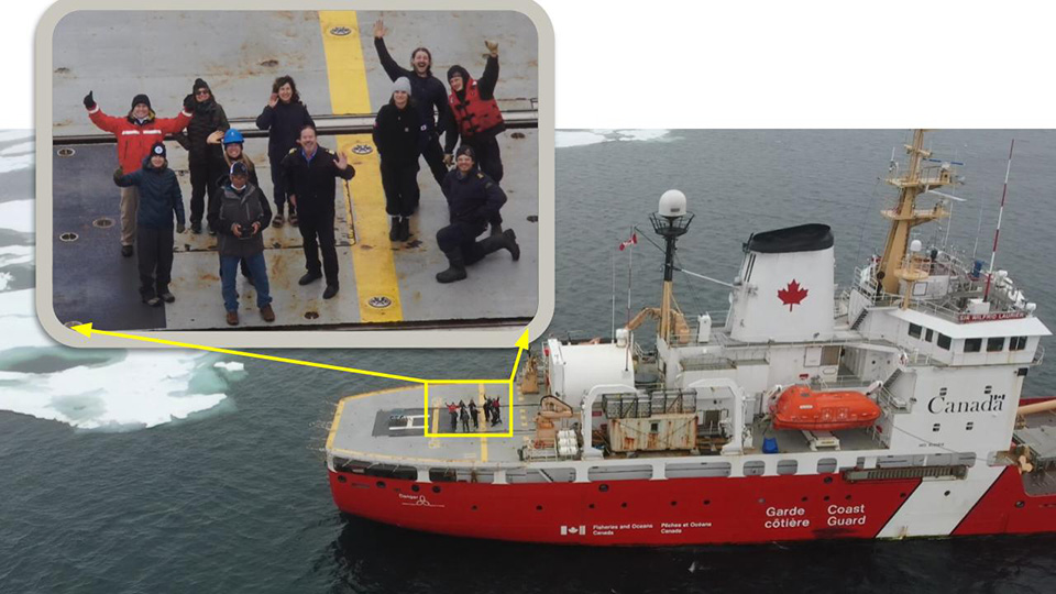 Image of a Canadian Coast Guard vessel with an inset closeup of staff aboard.