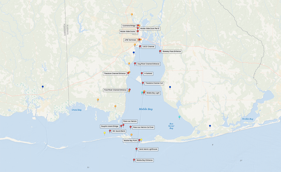 Pins on a map of Mobile Bay show the locations of 19 stations in the forecast system.