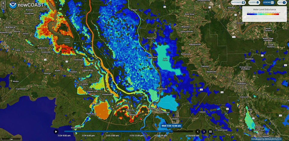 >NOAA’s nowCoast™ visualization of the three-dimensional coastal storm surge includes inland hydrology extremes (STOFS-3D-Atlantic) — Lower Mississippi region.