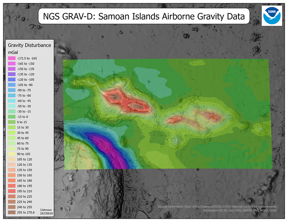 a map showing the gravity disturbance for the American Samoan region.