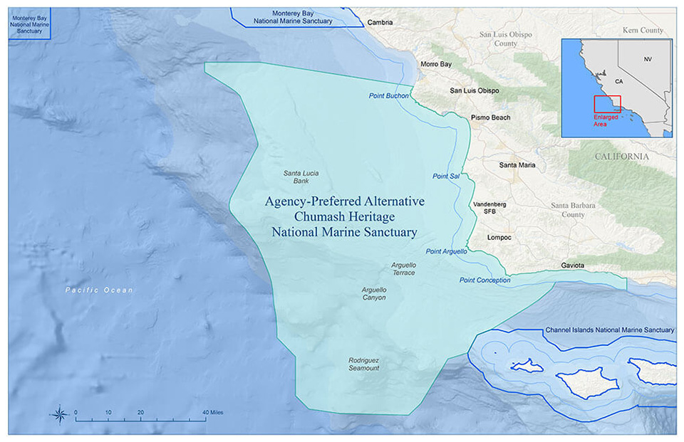 Map of the agency-preferred alternative boundary of the area NOAA is proposing to designate as Chumash Heritage National Marine Sanctuary.
