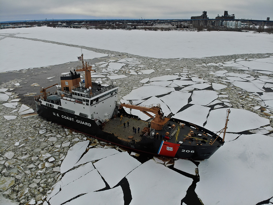 U.S. Coast Guard Cutter SPAR breaking ice in Duluth Harbor March 8, 2023.