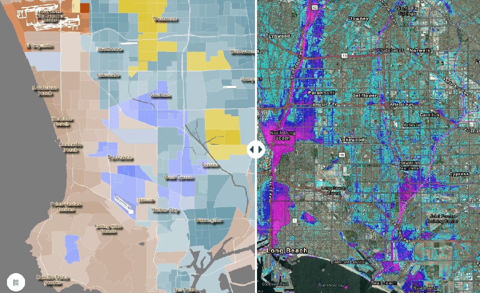 Los Angeles flood risk study maps showing flood depth (right) and the distribution of residents by predominant race/ethnicity (left), October 2022. (Credit: University of California, Irvine)
