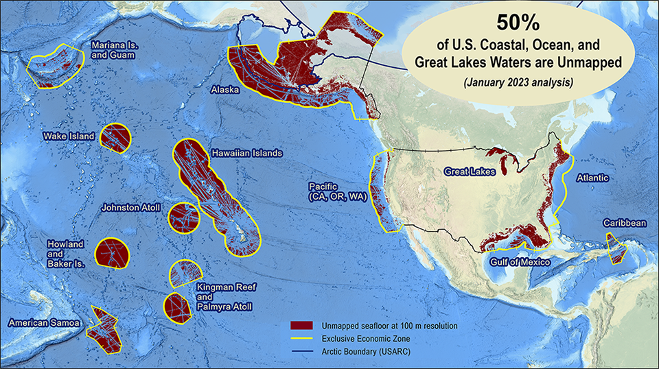 Percentage of coastal, ocean, and Great Lakes waters of the United States that were unmapped as of January 2023.