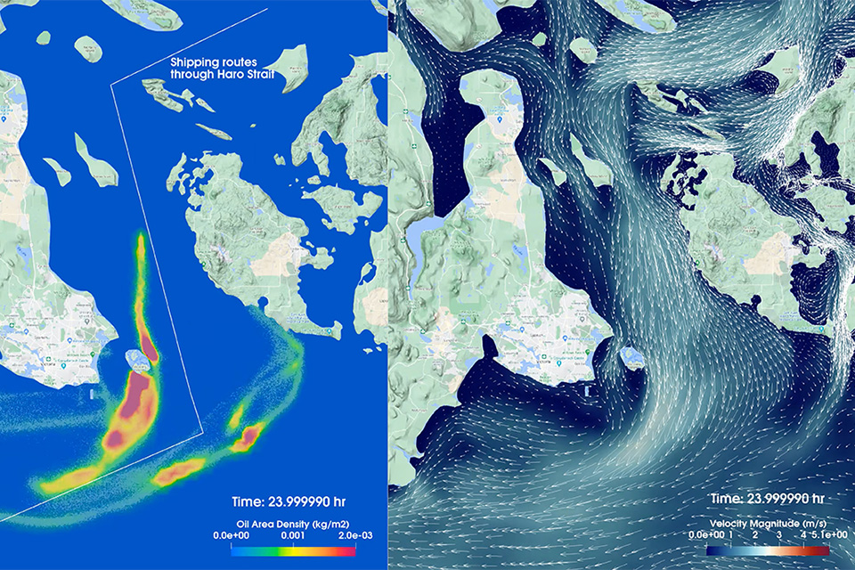 A model simulates the trajectory of a hypothetical oil spill and associated wind patterns in Haro Strait, Washington. (Credit: NOAA)